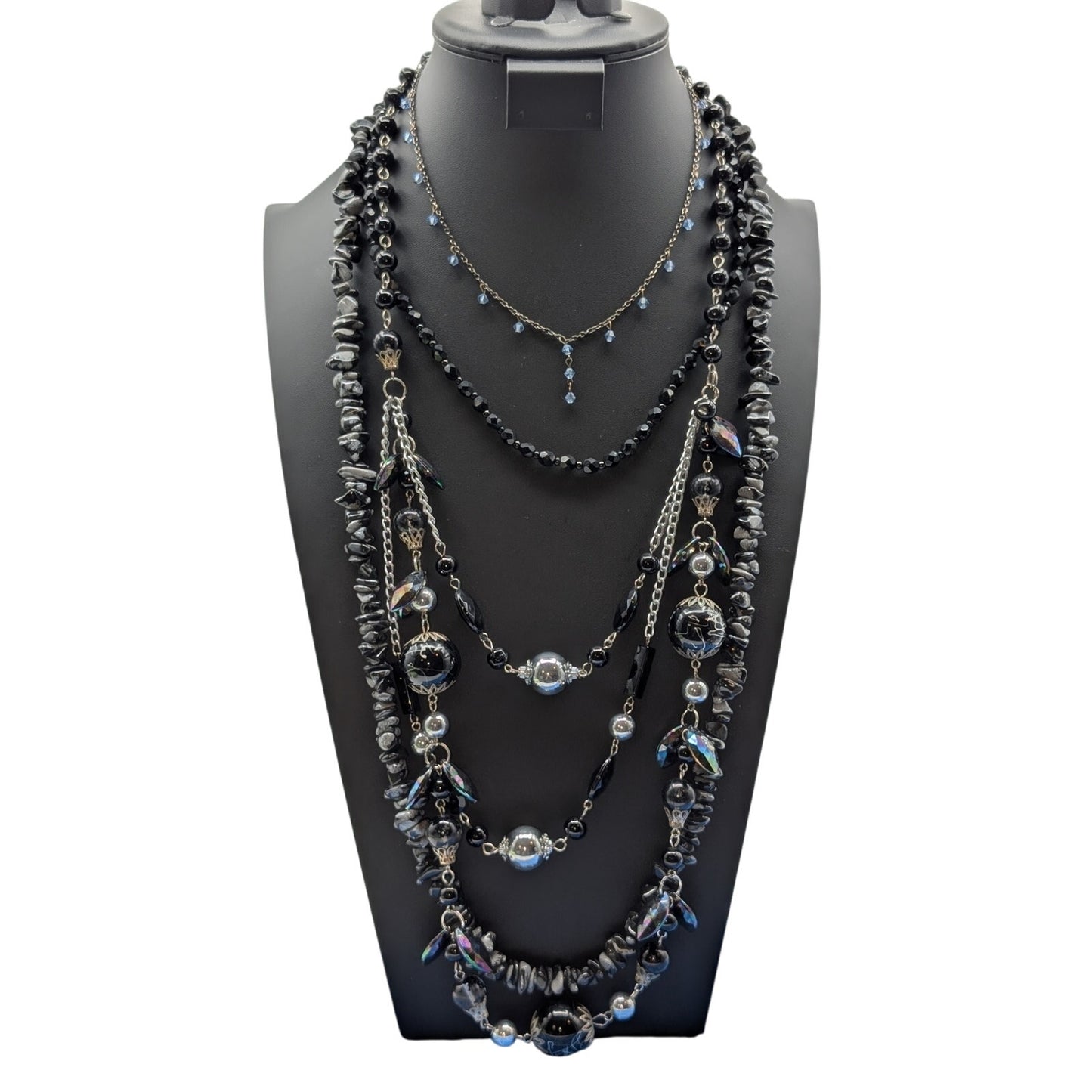 Lot of 4 Black Gray Silver Tone Stone Glass Crystal & Acrylic Beaded Necklaces