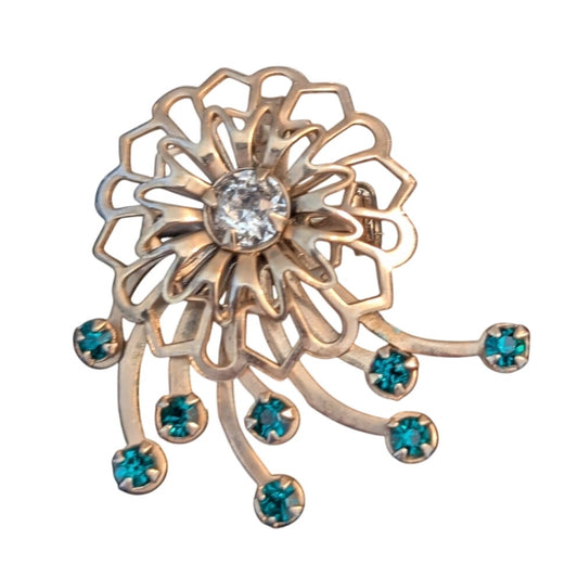 Vtg Gold Tone Blue/Clear Rhinestone Art Deco 1950s Flower Spray Brooch/Pendant