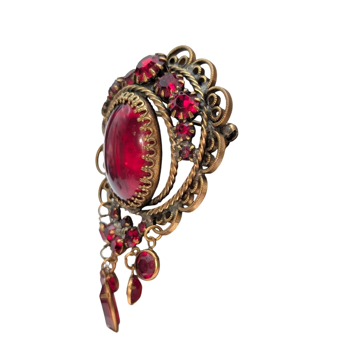 Vintage Possibly Unsigned Hobe Red Rhinestone Dangles Brooch