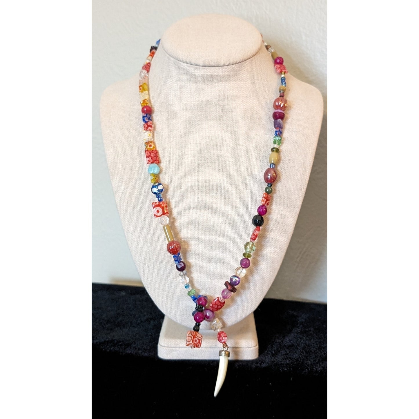 Millefiori Venetian & Murano Glass Bead Wrap Necklace W/ MOP Horn Pendant