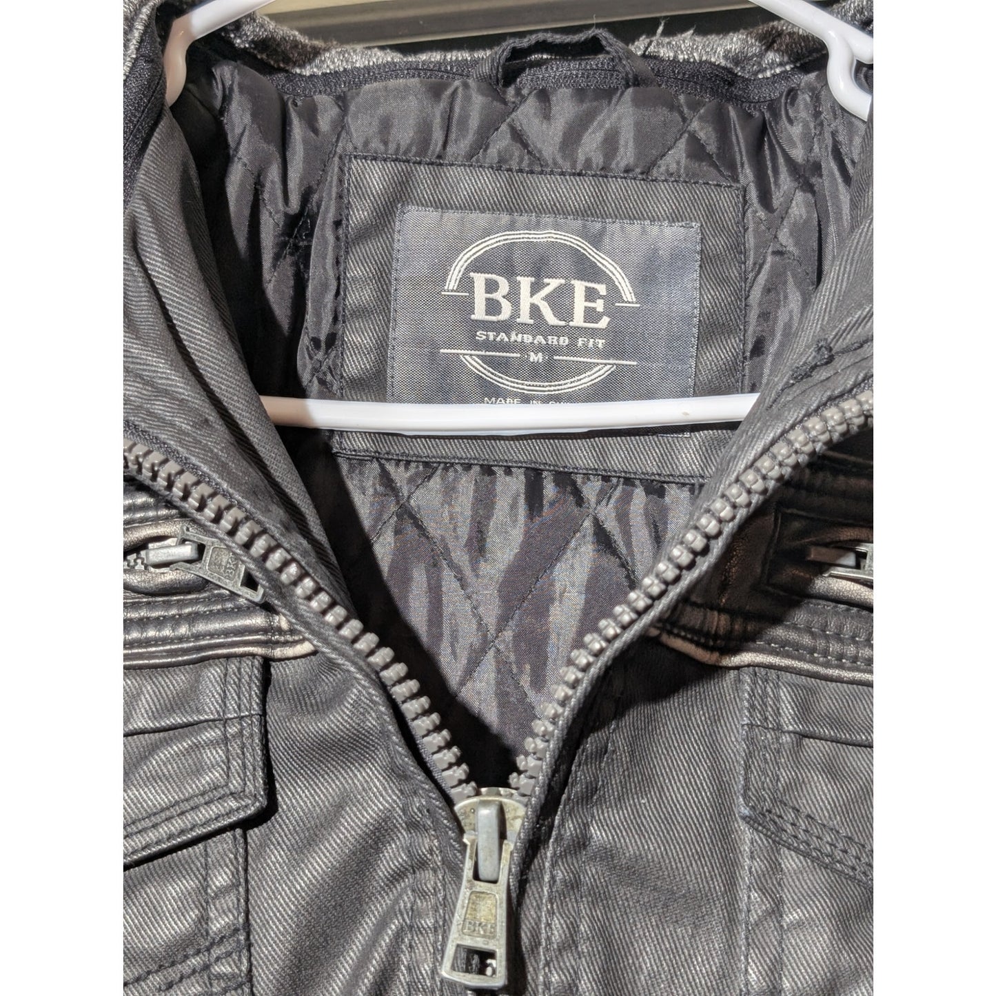 BKE Standard Fit Washed Out Charcoal Front Zip Removable Hood Bikers Jacket Sz M