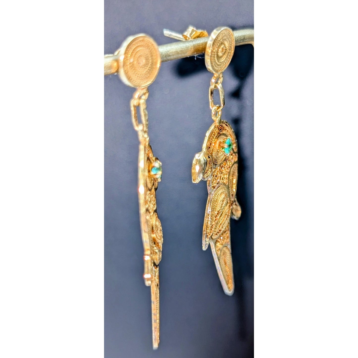 24K Gold Plated Artisan Created Filigree Parrot Dangle Pierced Earrings