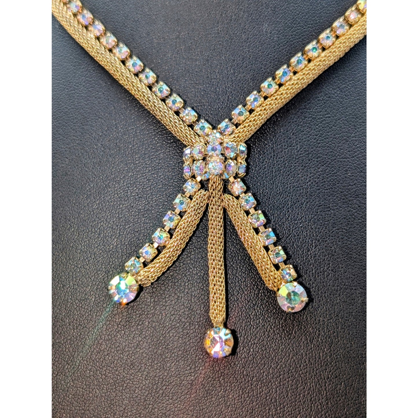 Vintage Aurora Borealis Rhinestone Gold Tone Mesh Tassel 15" Necklace