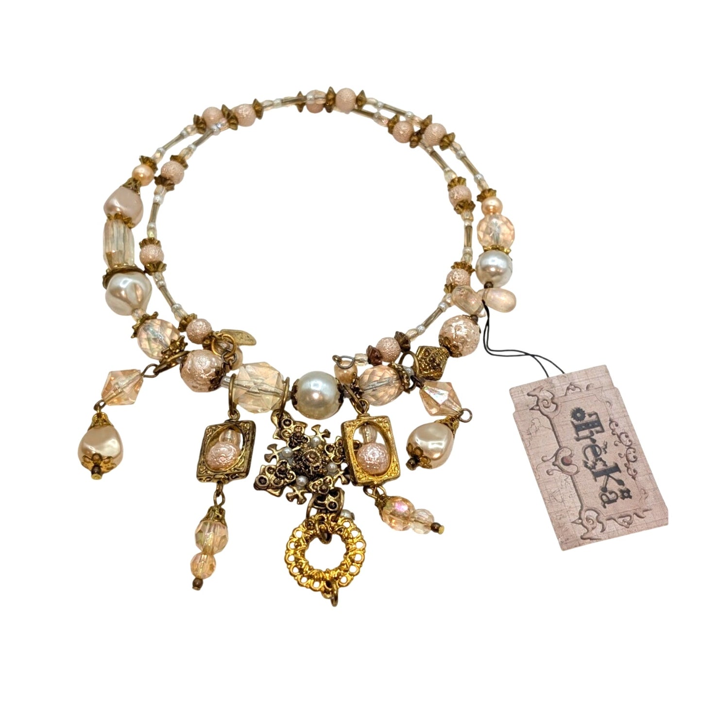 Treska Pearl Dangle Gold Tone Bead Wire Wrap Choker Necklace NWT