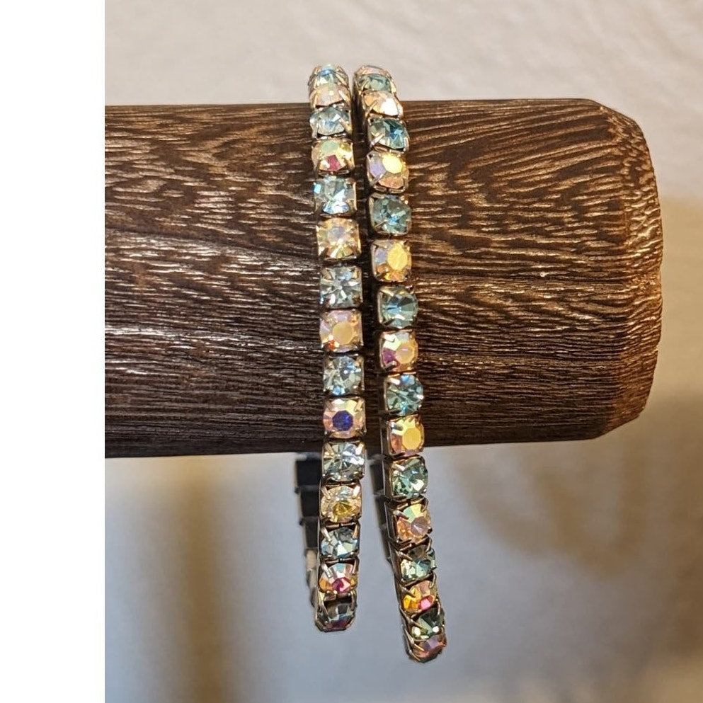 Two Vintage Stretch AB Blue and Clear AB Crystal Bracelets