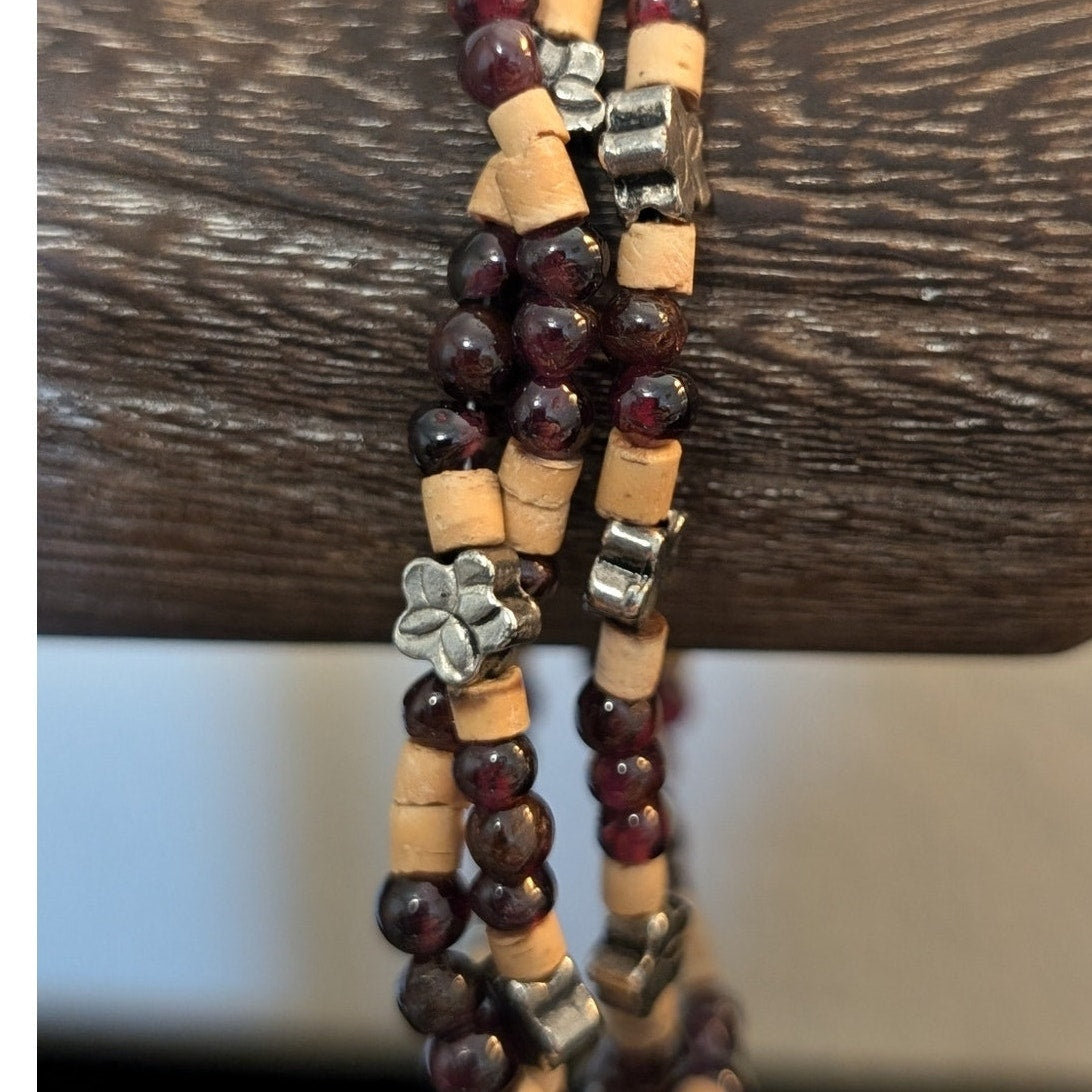 925 Sterling Silver Three Strand Garnet Sterling Floral & Wood Bead Bracelet