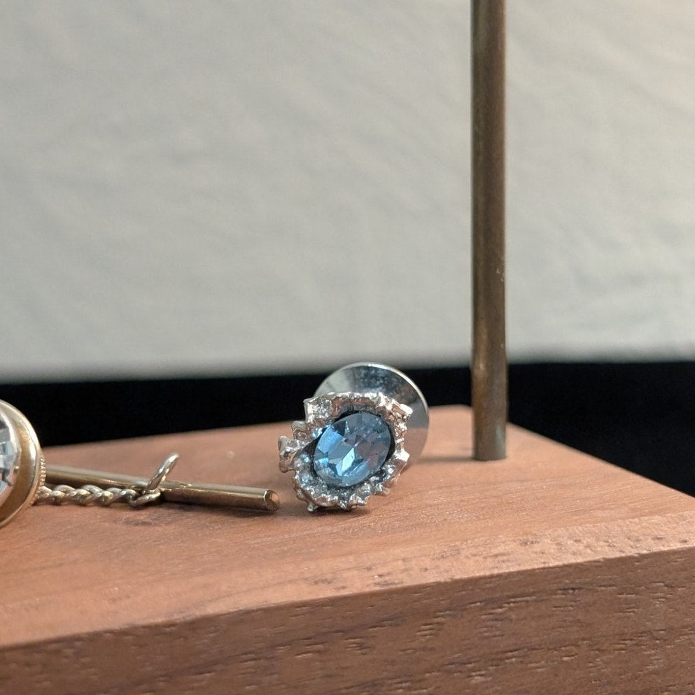 Two Blue Crystal Silvertone Tie Tacks (One by Swank)