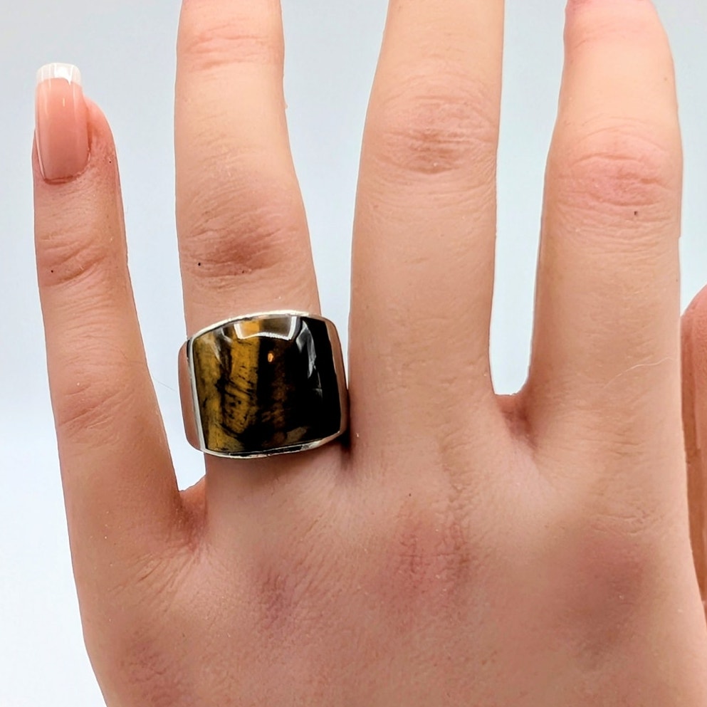 Vintage Tiger's Eye Inlay 925 Sterling Silver Ring Size 5.75