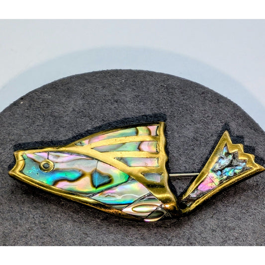 Signed Los Castillo Taxco Mexico Brass & Abalone Fish Shaped Brooch