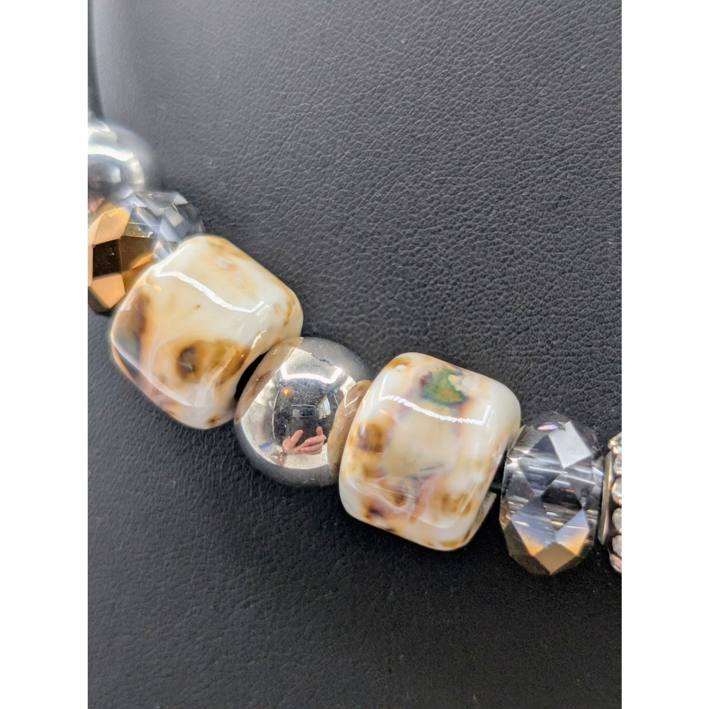 Modern Tribal Leather Cord Glass Metal Crystal Rhinestone Ball Bead Necklace