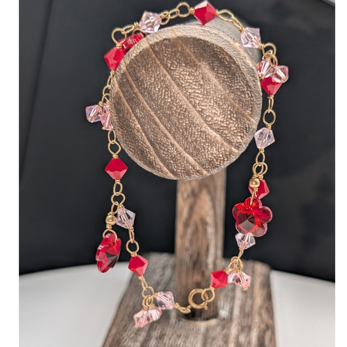 Vintage 14K Gold Filled Gold Chain Pink & Red Crystal Bead Dangle Bracelet