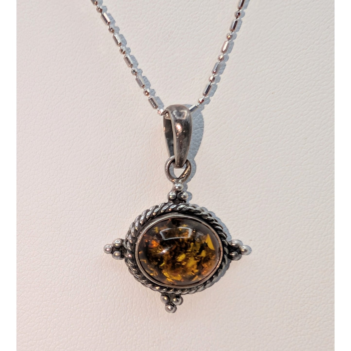 Vintage Sterling Silver Amber Pendant on 18" Sterling Bead Bar Chain Necklace