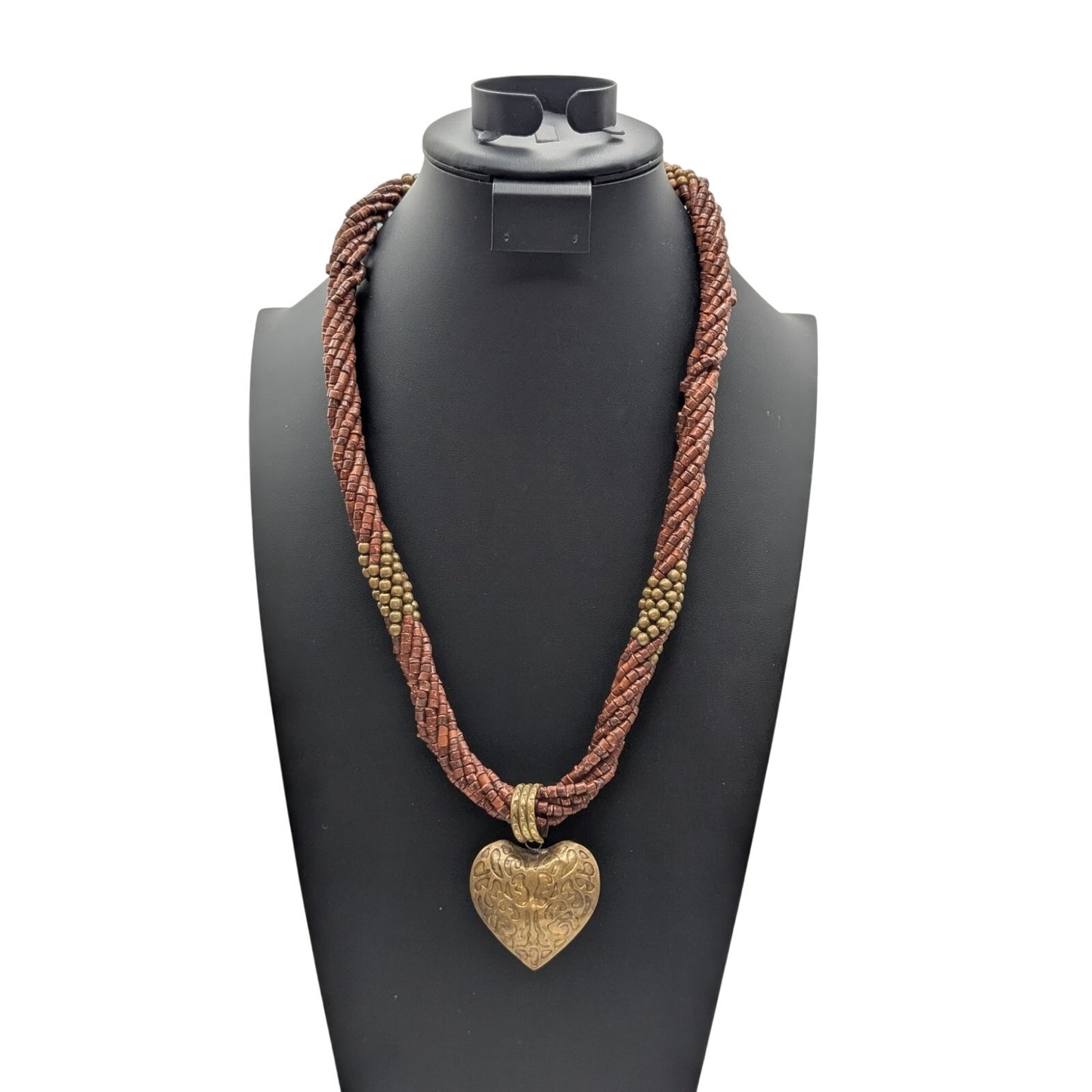 Vtg Twisted Multi-Strand Coconut Shell Brass Bead Embossed Brass Heart Necklace