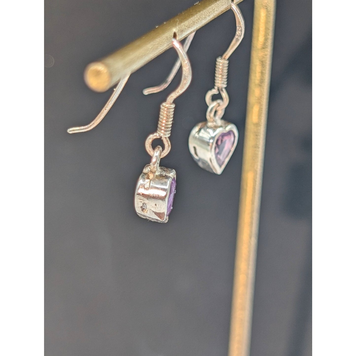 Vintage 925 Sterling Silver Amethyst Heart Dangle Wire Earrings