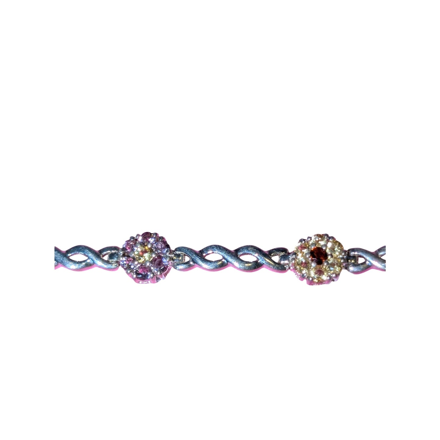 925 Sterling Multi-Color Crystal Flower Cross Over Chain Link Tennis Bracelet