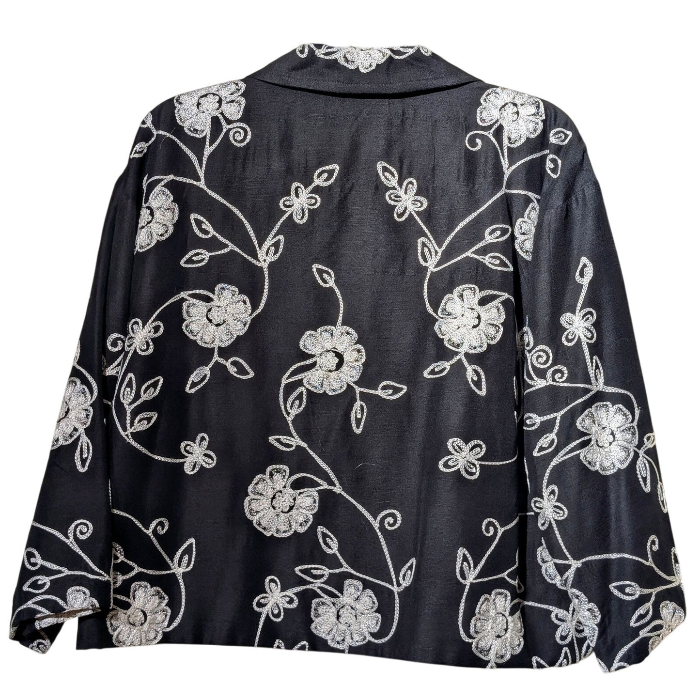 Life Style Black White Floral Embroidered Button Front Silk Blend Jacket Sz XL