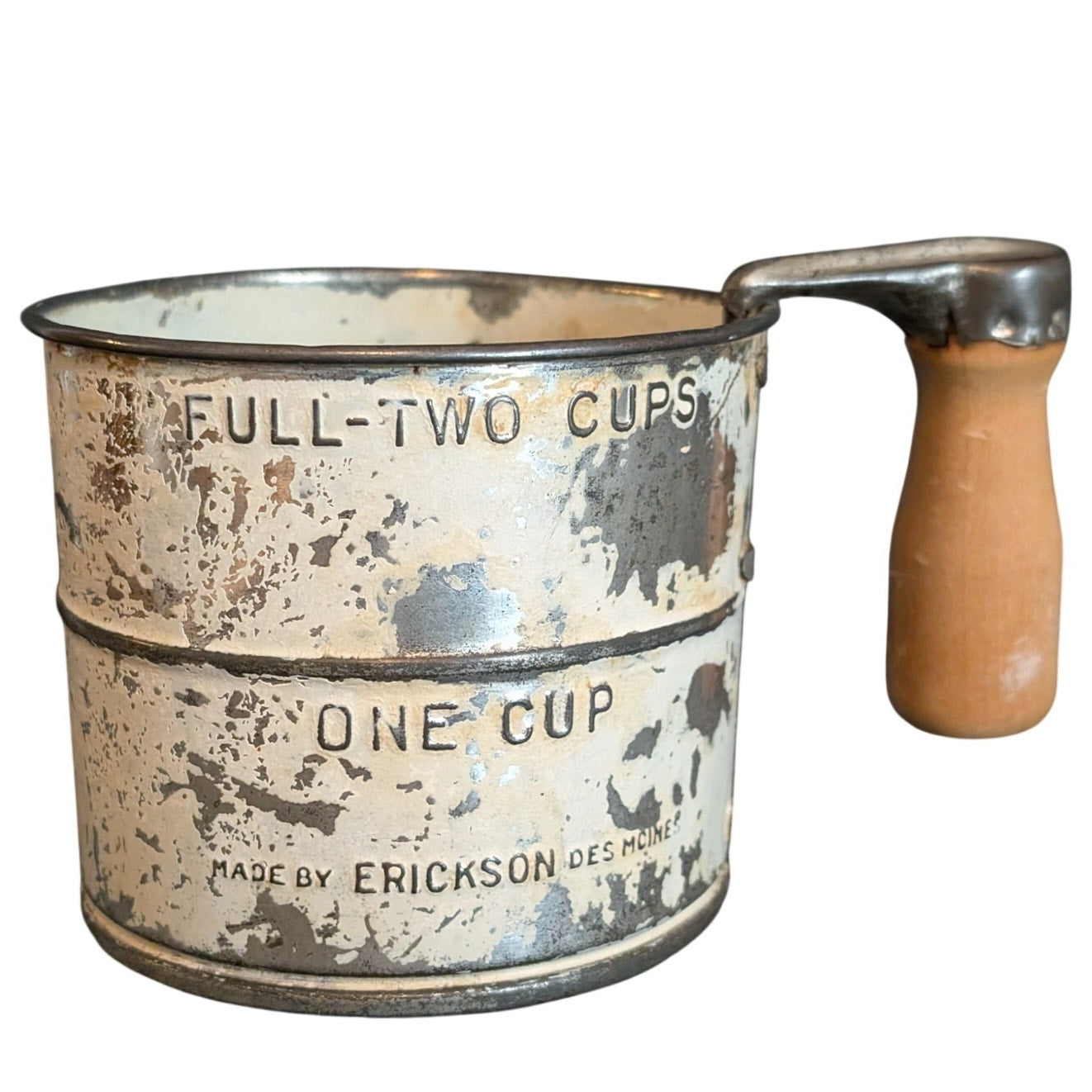 Vtg/Antique 1920's White Metal Erickson Advertising Flour Sifter Des Moines IA