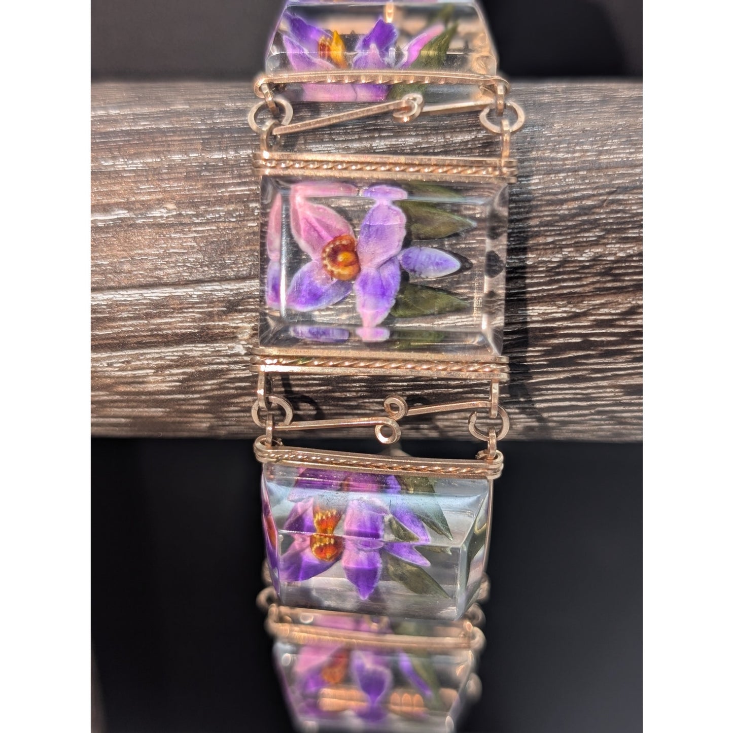 Vintage Reverse Carved Lucite Orchid Link Bracelet & Screw On Earring Set