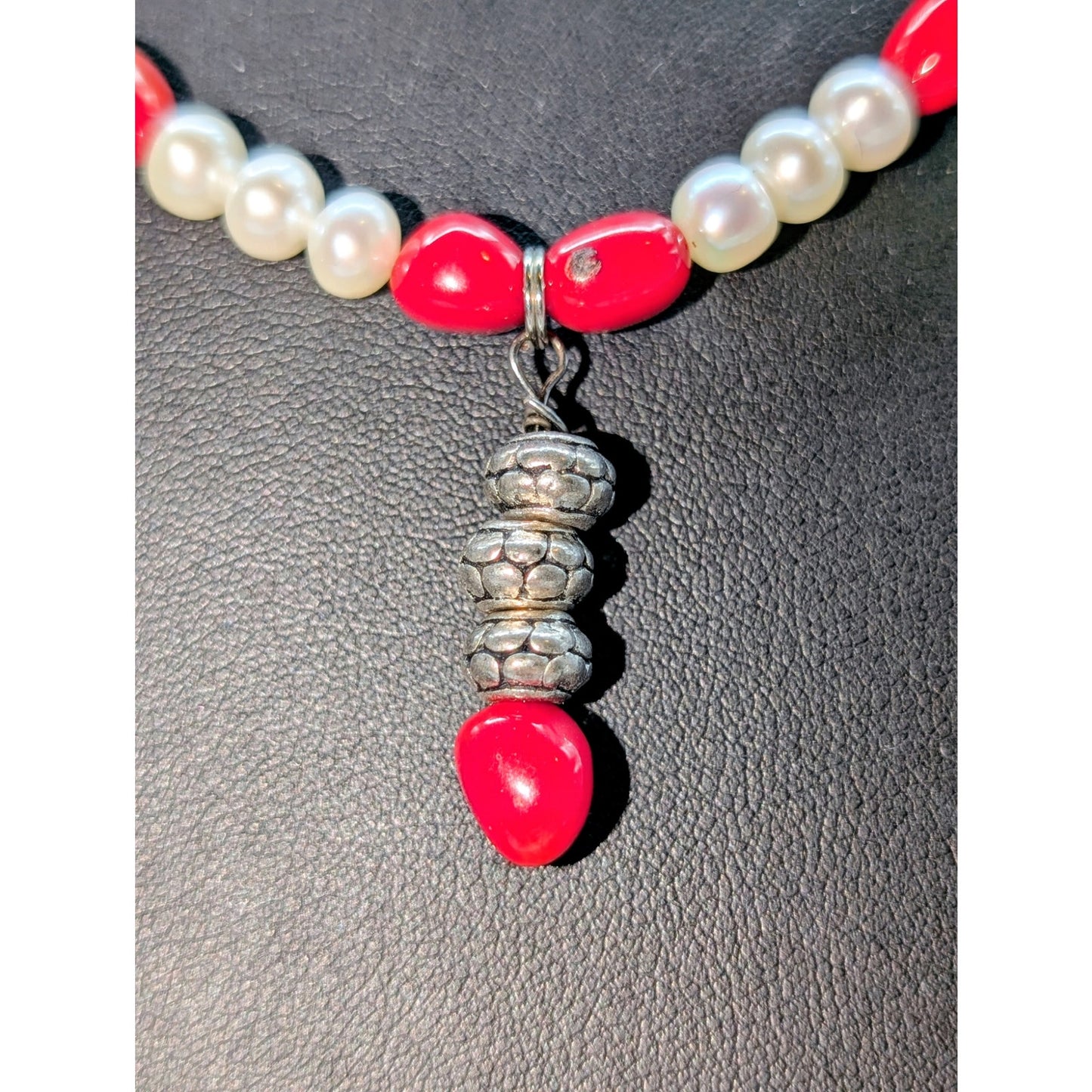 Red Coral Freshwater Pearl Silver Tone Beaded Necklace