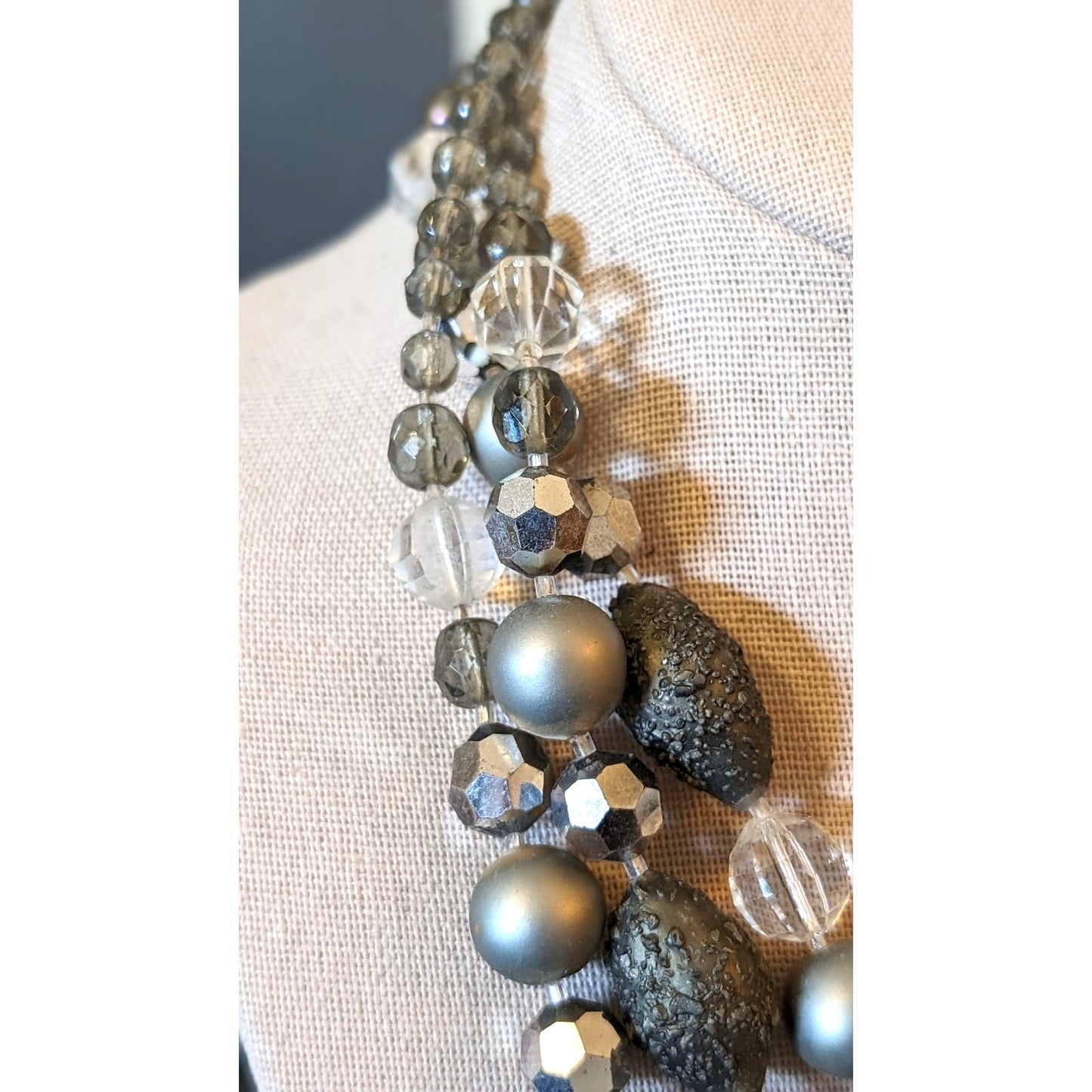 Vintage Gray Clear Faceted Crystal, Lava, Foil Bead Necklace W/ Fancy Clasp