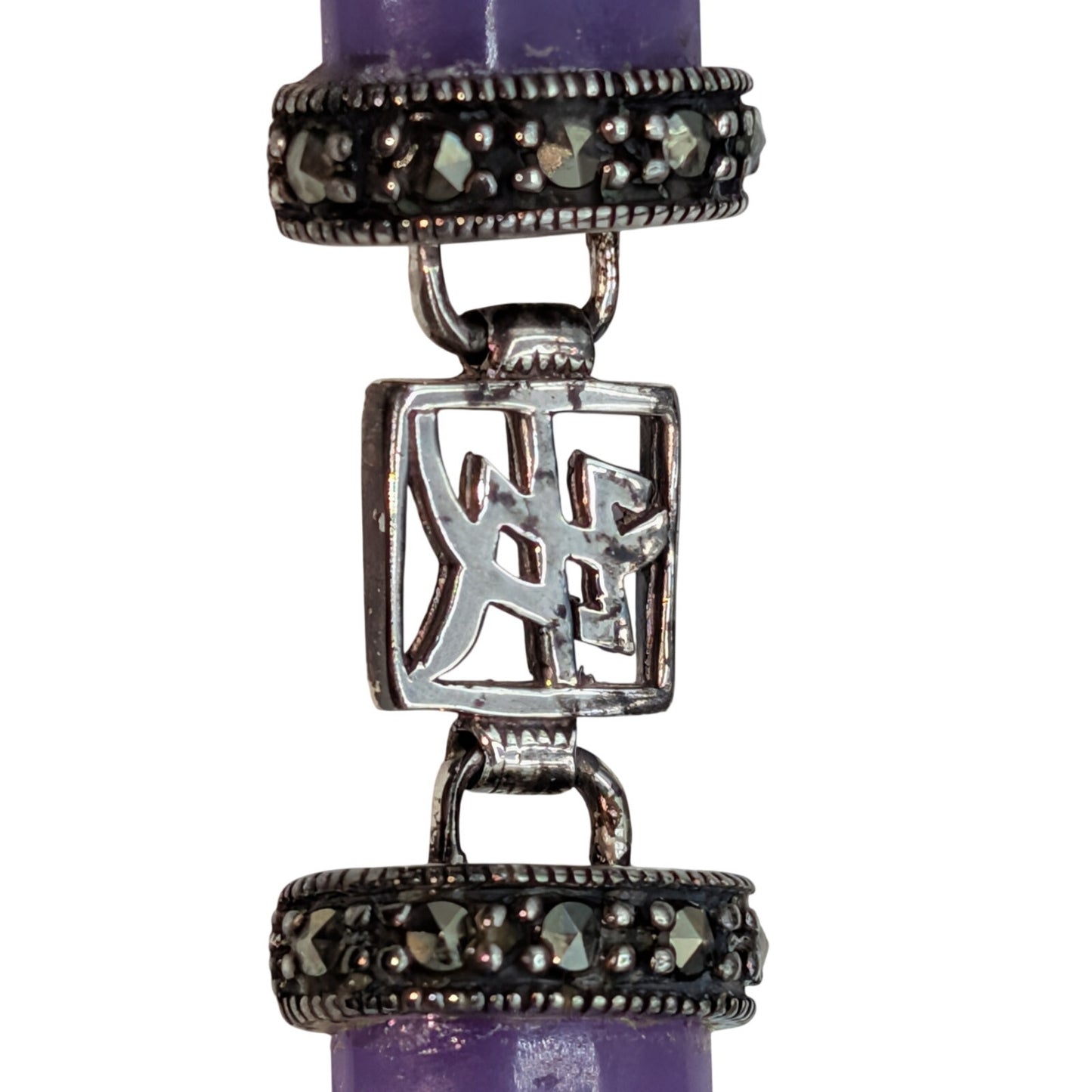 Vtg 70s Chinese Lavender Jadeite Marcasite Sterling Silver Panel Link Bracelet