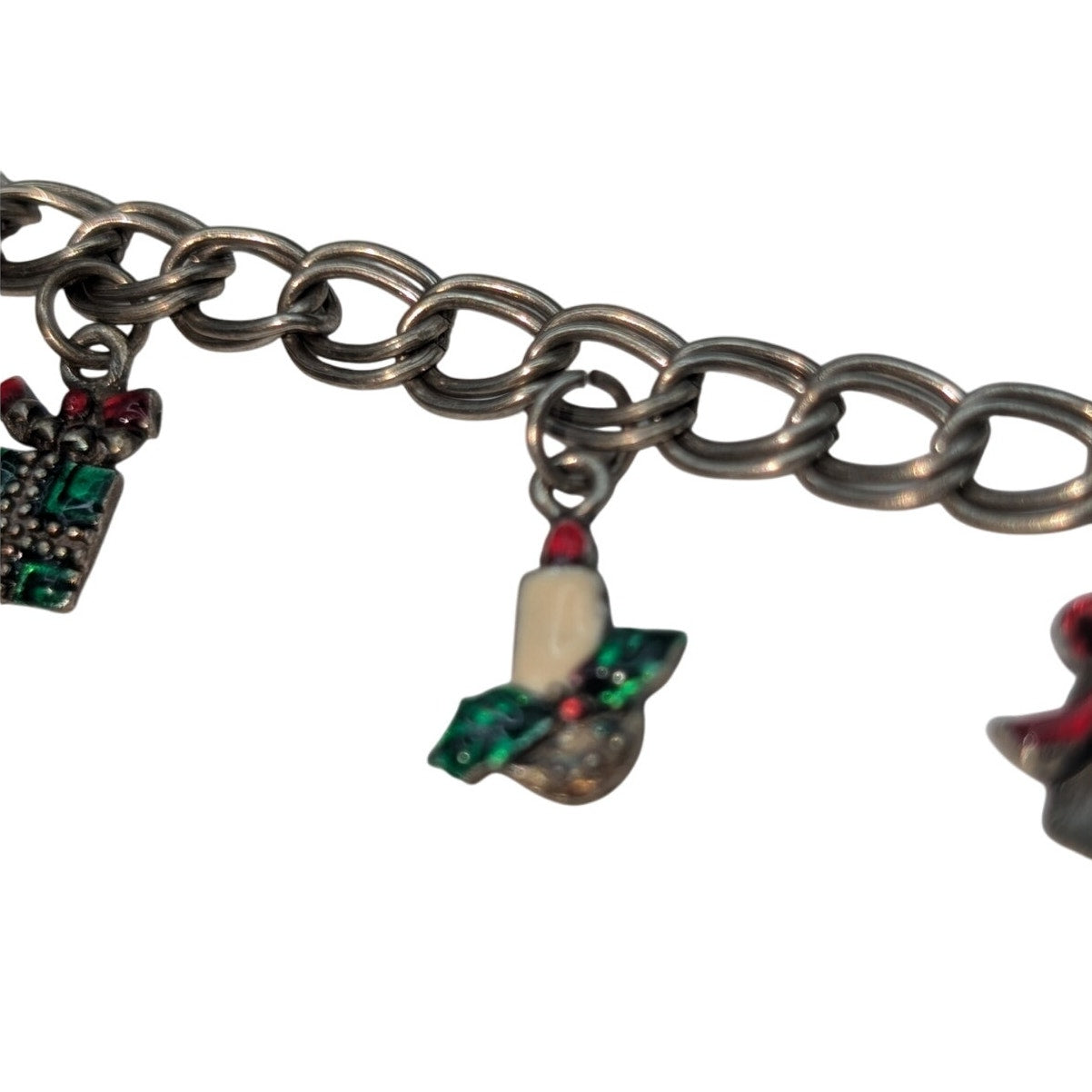 Vintage Silver Tone Double Curb Chain Link Christmas Charm 7"-8" Bracelet