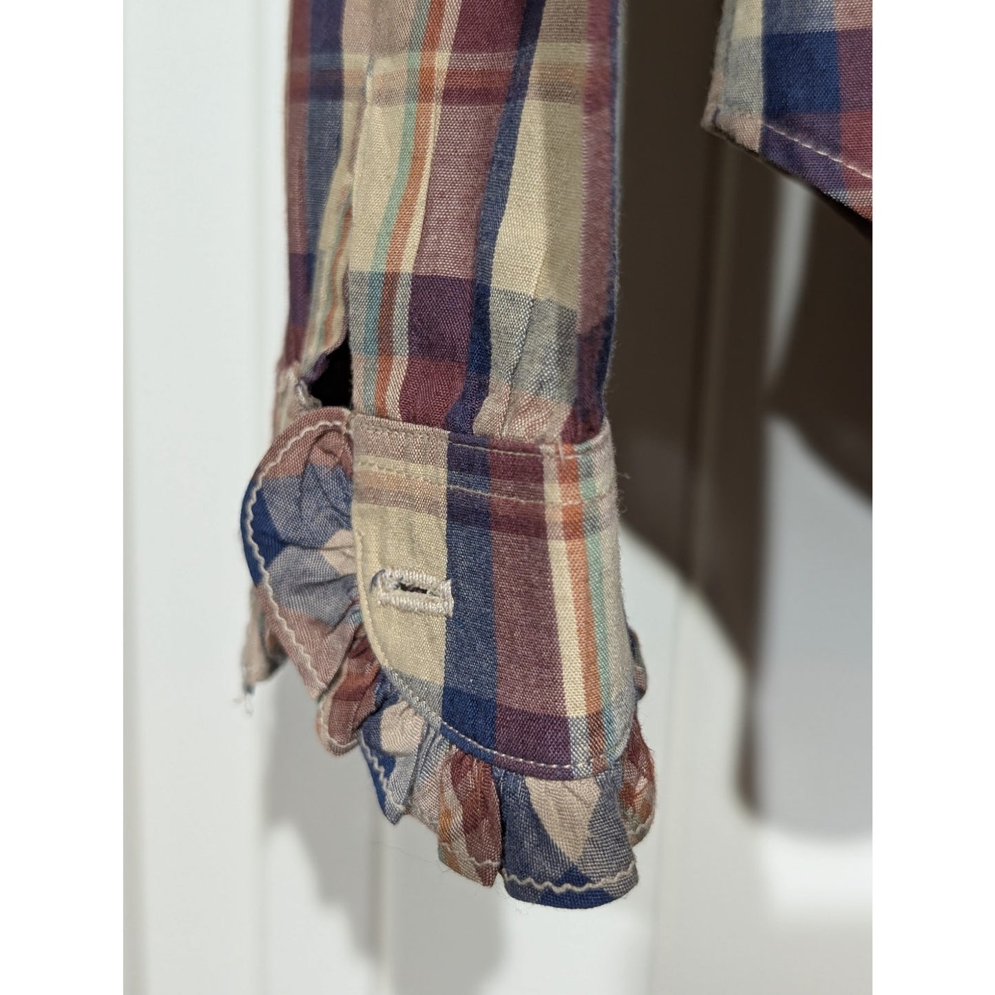 Villager Vtg Brown Navy Plaid Ruffled Collar & Cuff Button Up Shirt Women's 14