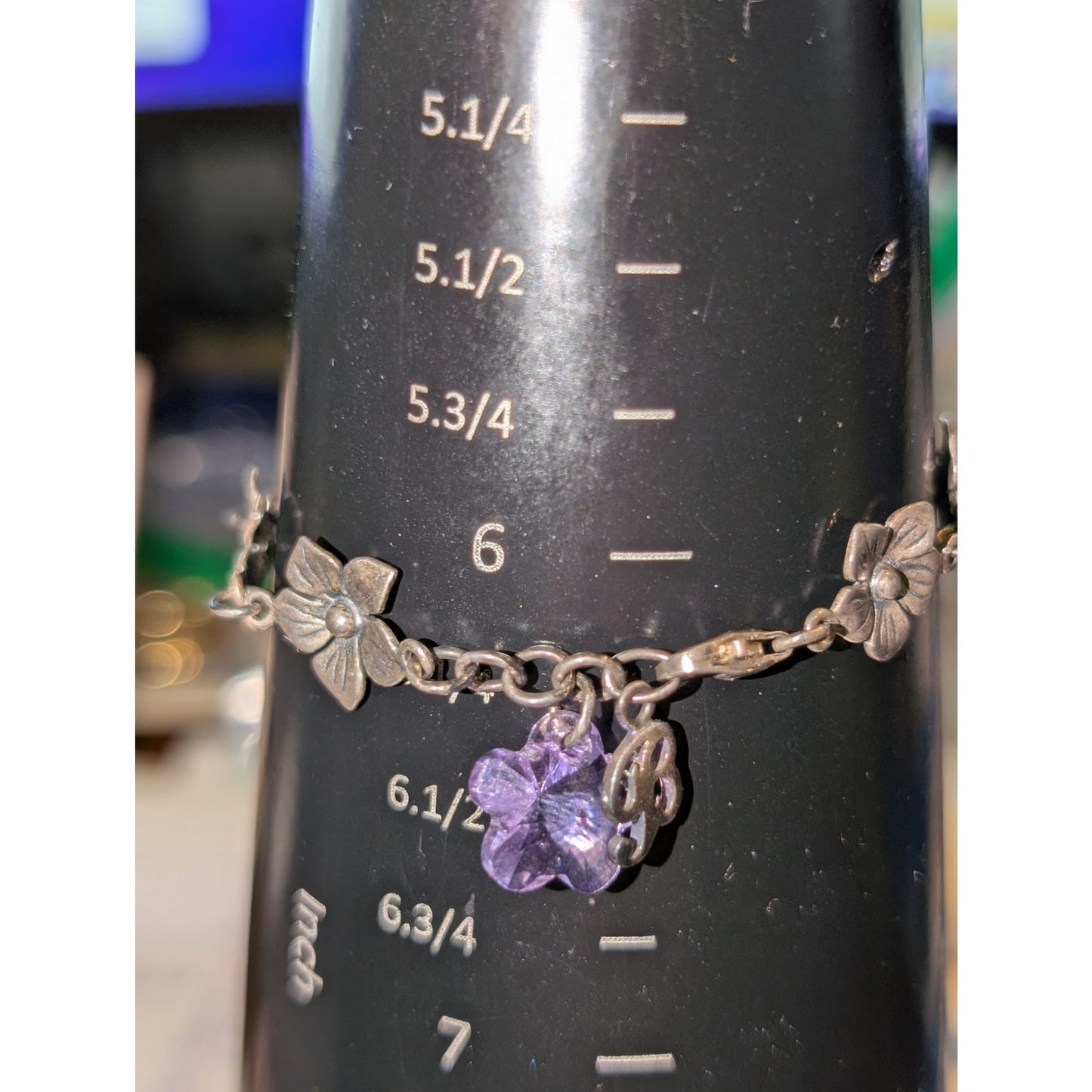 Vintage 925 Sterling Silver Flower Station Purple Crystal Flower Charm Bracelet