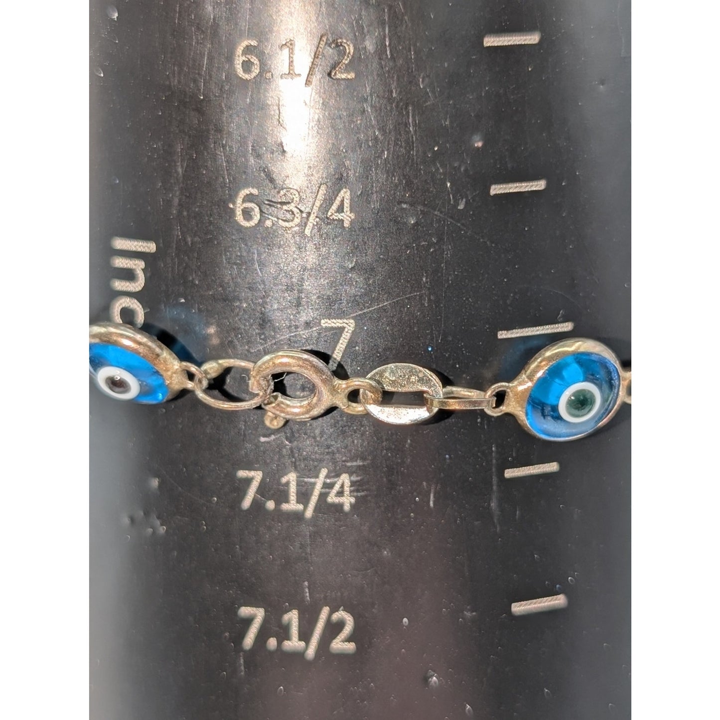 Vintage Bezel Set Blue Glass Eye 925 Sterling Silver Bracelet
