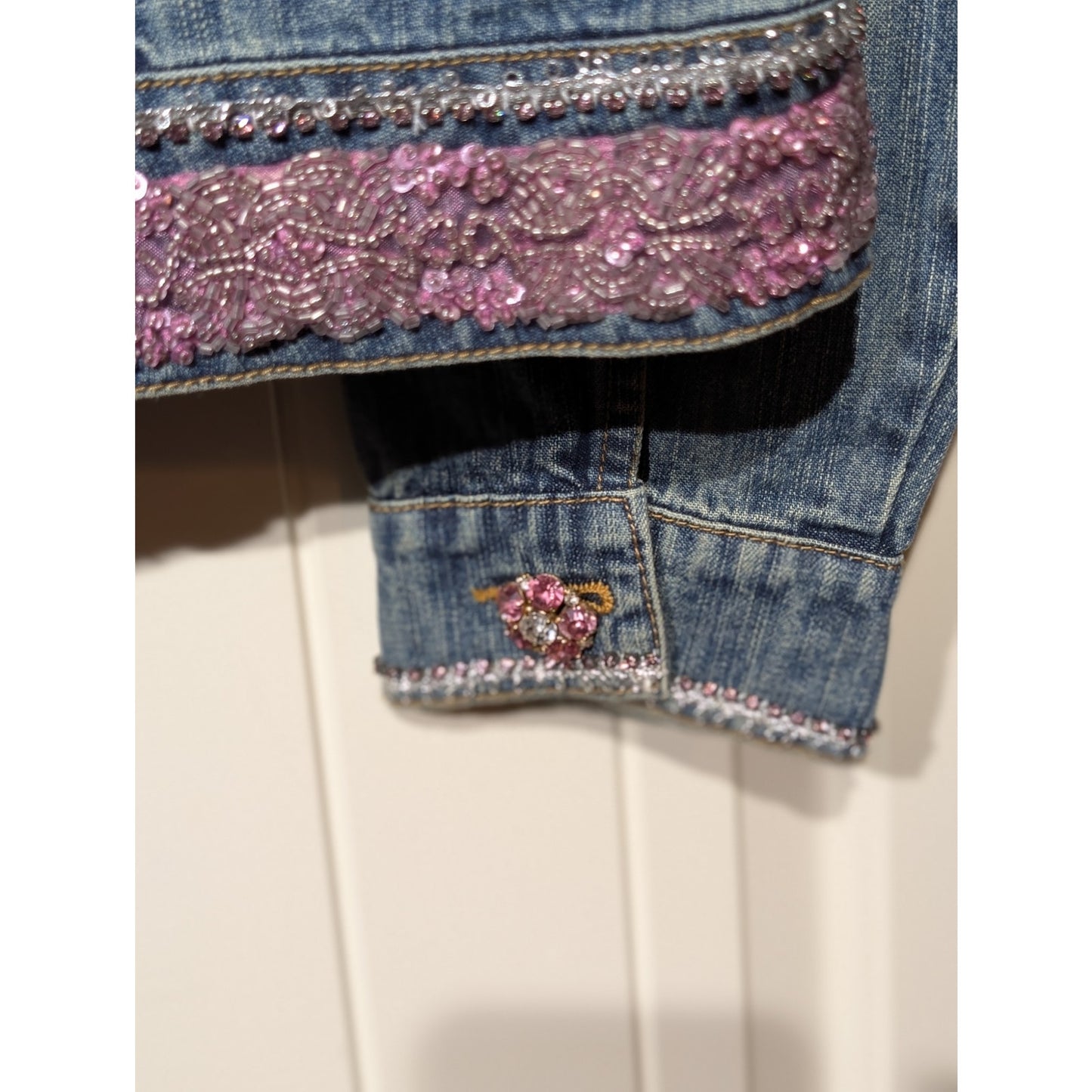 Berek by Takako Sakon Embellished Pink Sequin Bead Rhinestone Denim Jacket Sz XL