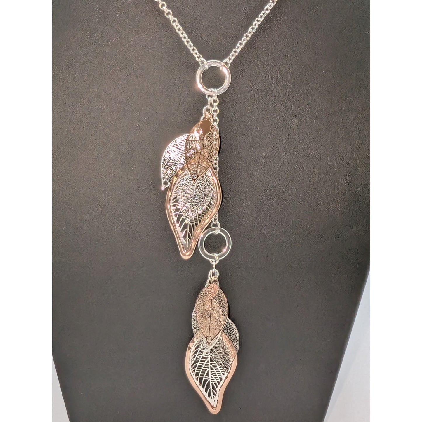 Silver & Rose Tone Dangle Veiny Leaf Dangles Long 30" Plus 6.25" Necklace