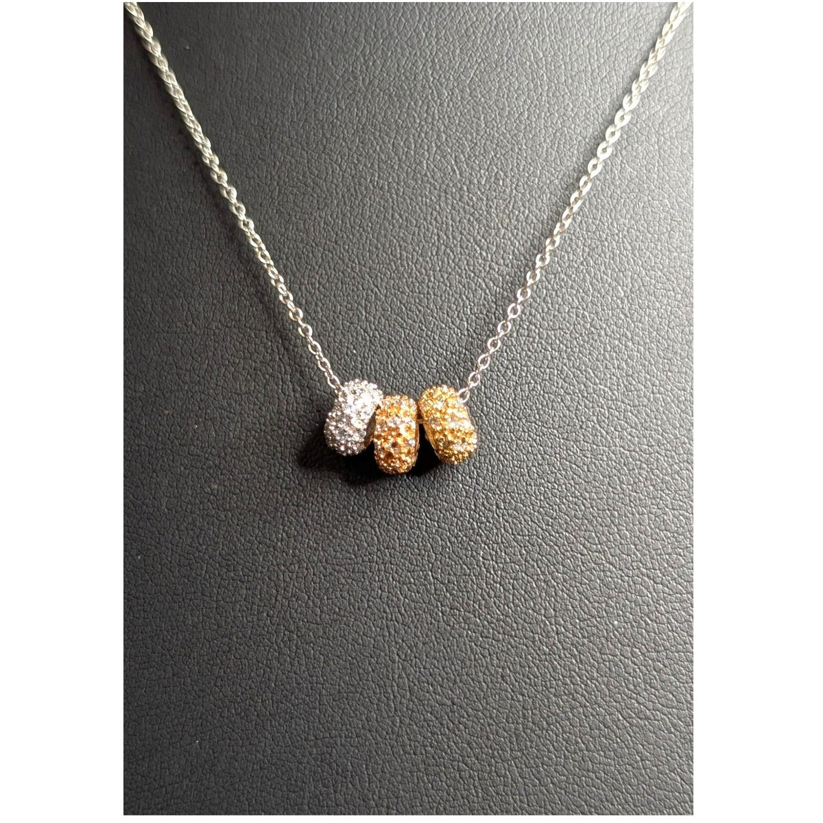 Sterling Silver CZ Tricolor Triple Pave Rondelle Bead 16"-18" Necklace