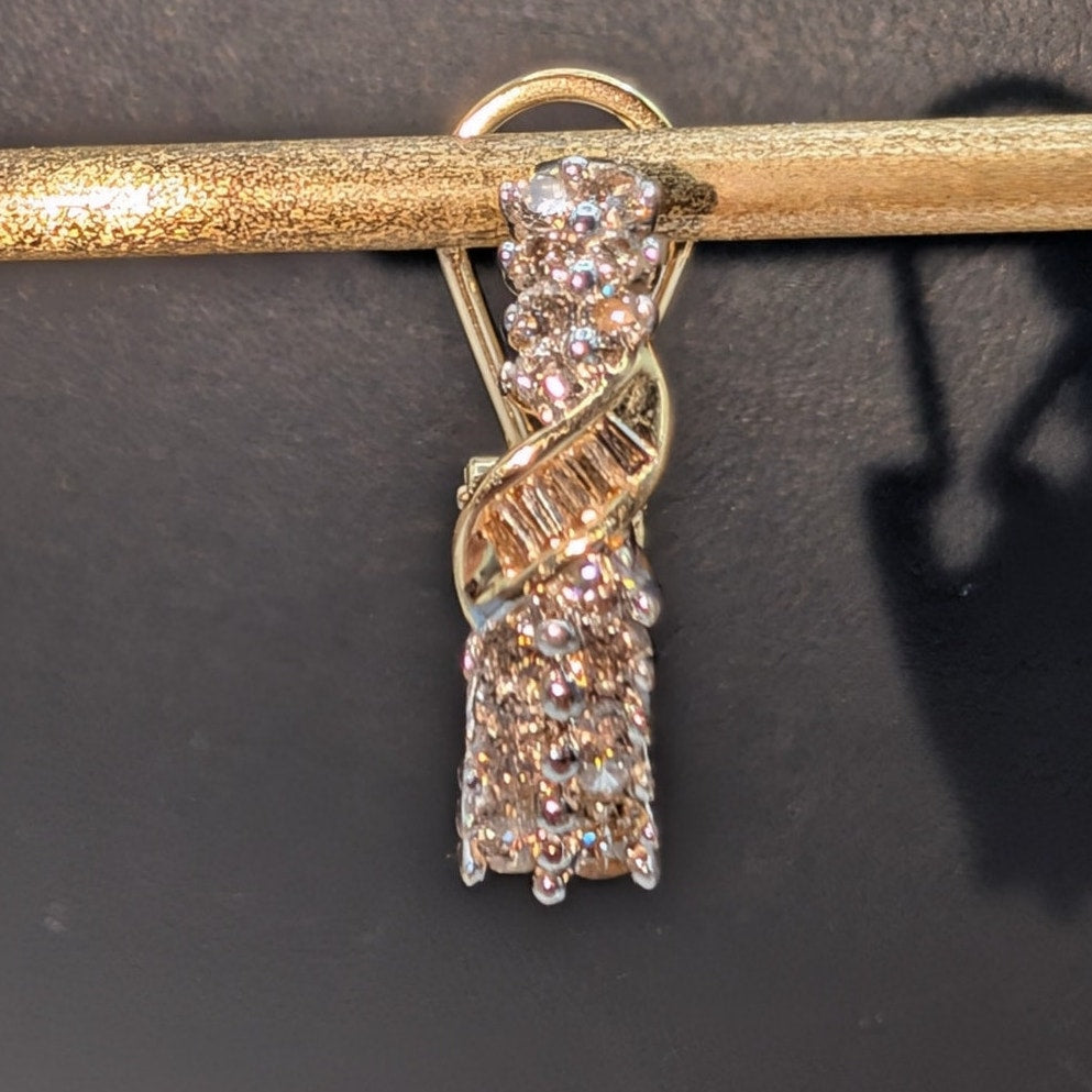 Vtg 14K Yellow & White Gold Diamond Omega Back Curved Hoop Earrings 4.83g