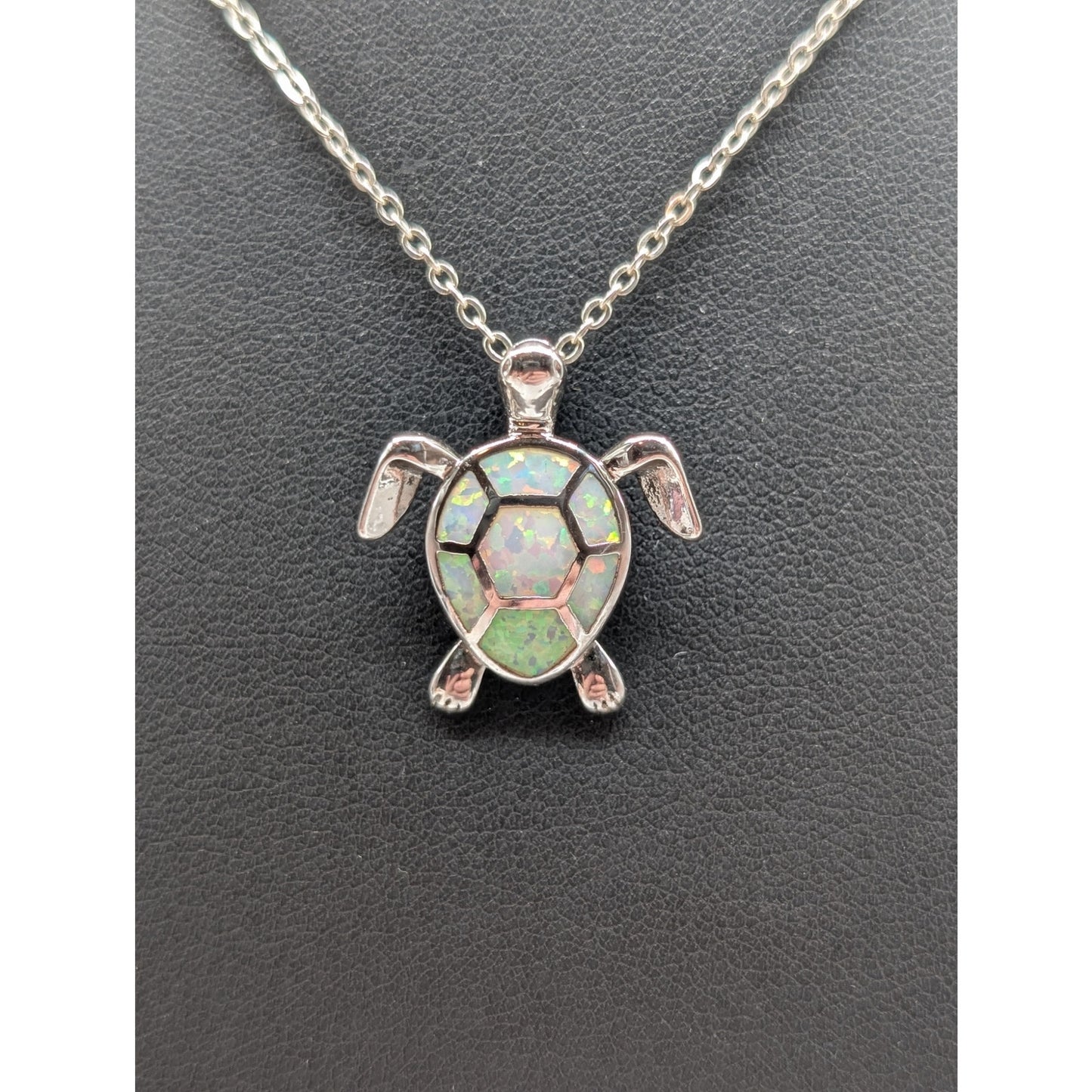 Silver Tone Faux Opal Inlay Turtle Pendant Chain 18" Necklace