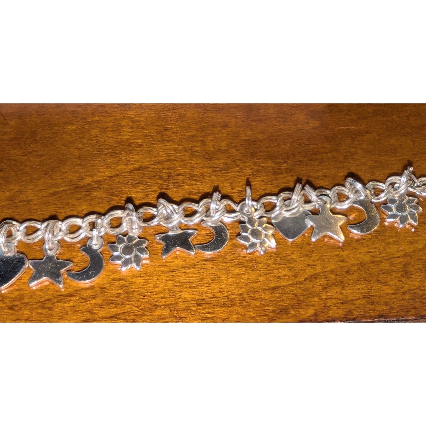 Vintage 925 Italy Sterling Silver Star Crescent Moon Flower Heart Charm Bracelet