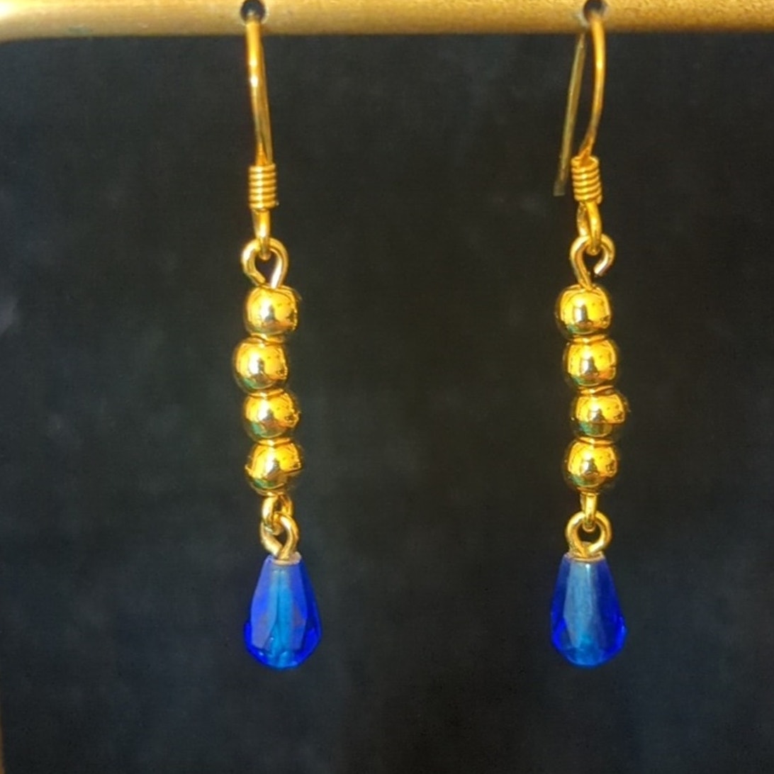 Blue Crystal Briolette and Gold Tone Dangle French Wire Earrings