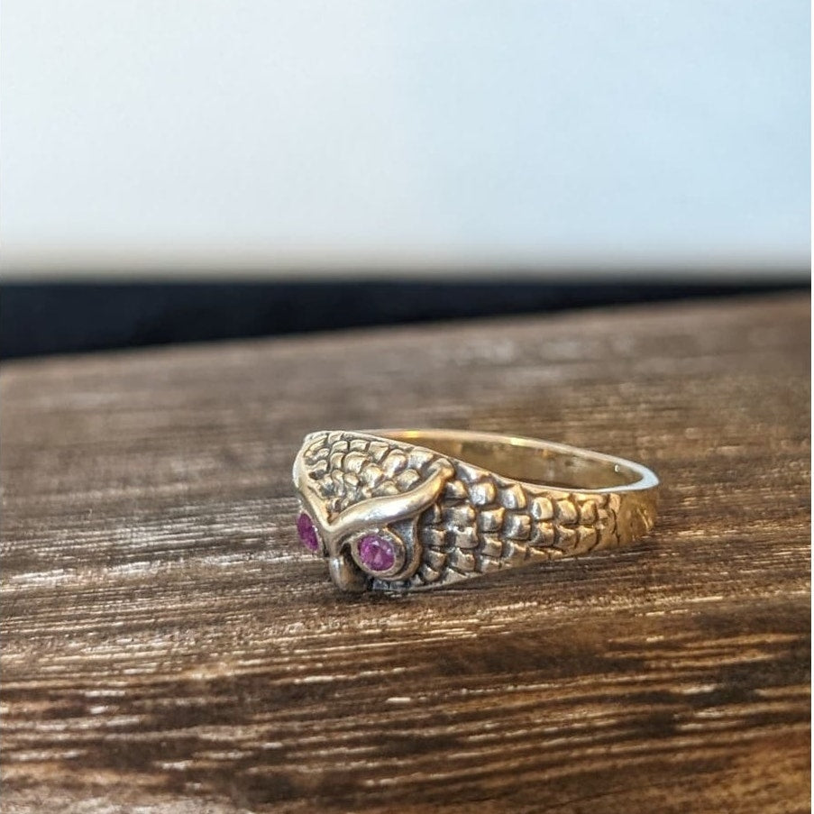 925 Sterling Red/Pink Spinel Eyed Owl Ring Sz 5-5.25