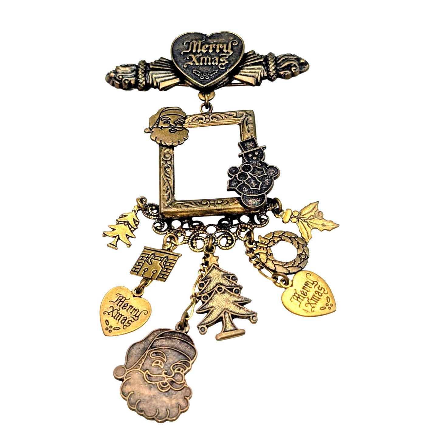 Top Shelf Bronze Tone Christmas Photo Dangling Charm Brooch
