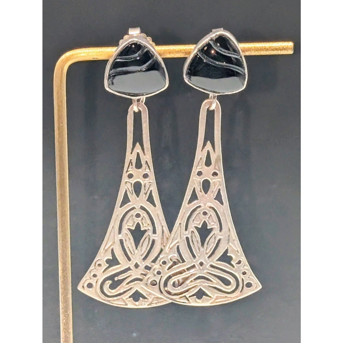 Vtg Tabra 14K Gold Post 925 Sterling Silver Carved Onyx Drop Earrings 18.34g