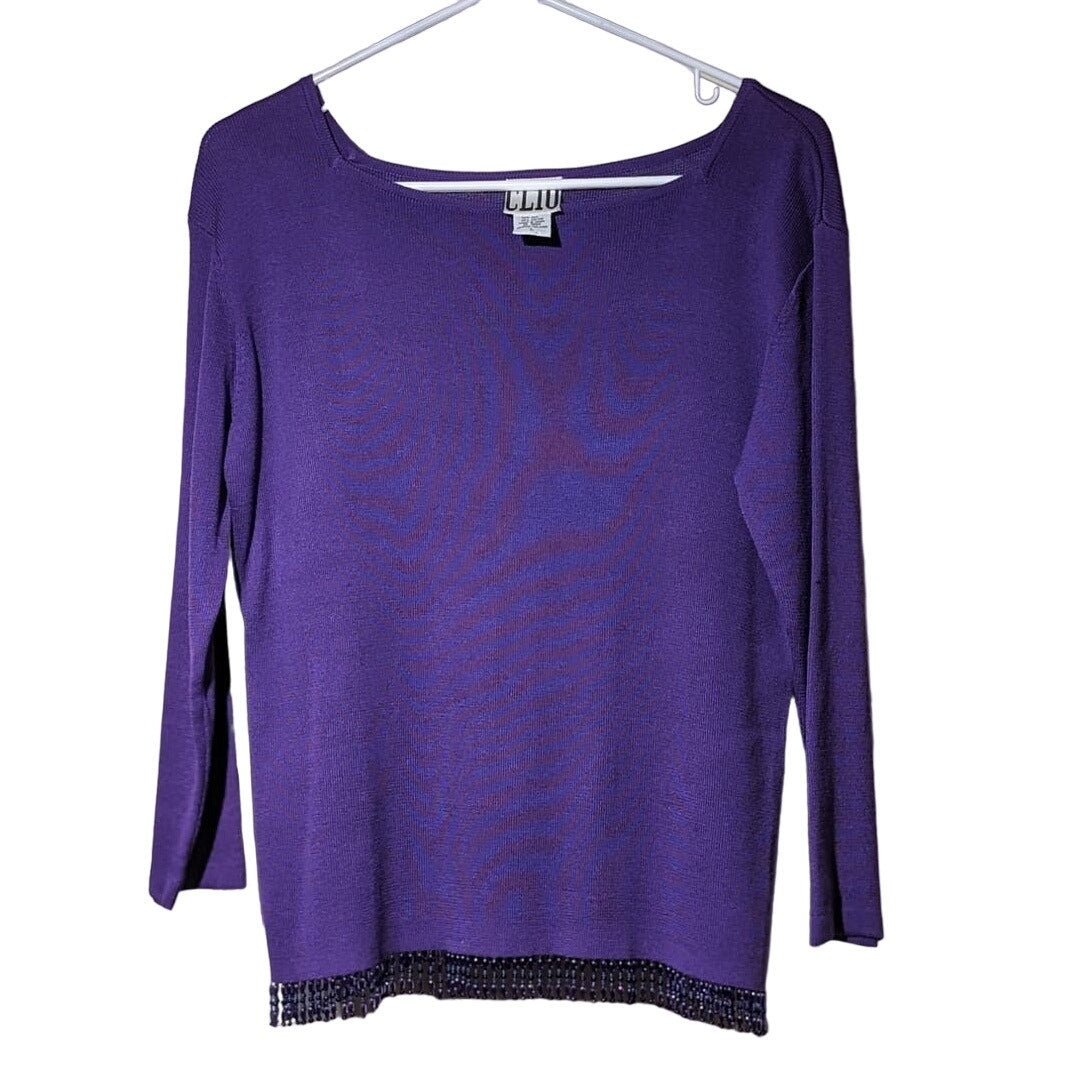 Vintage Clio Purple Silk Blend 3/4 Sleeve Beaded Fringe Sweater Womens Sz L