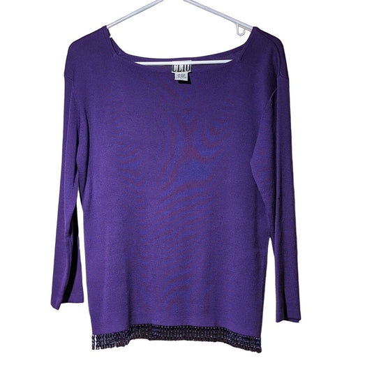 Vintage Clio Purple Silk Blend 3/4 Sleeve Beaded Fringe Sweater Womens Sz L