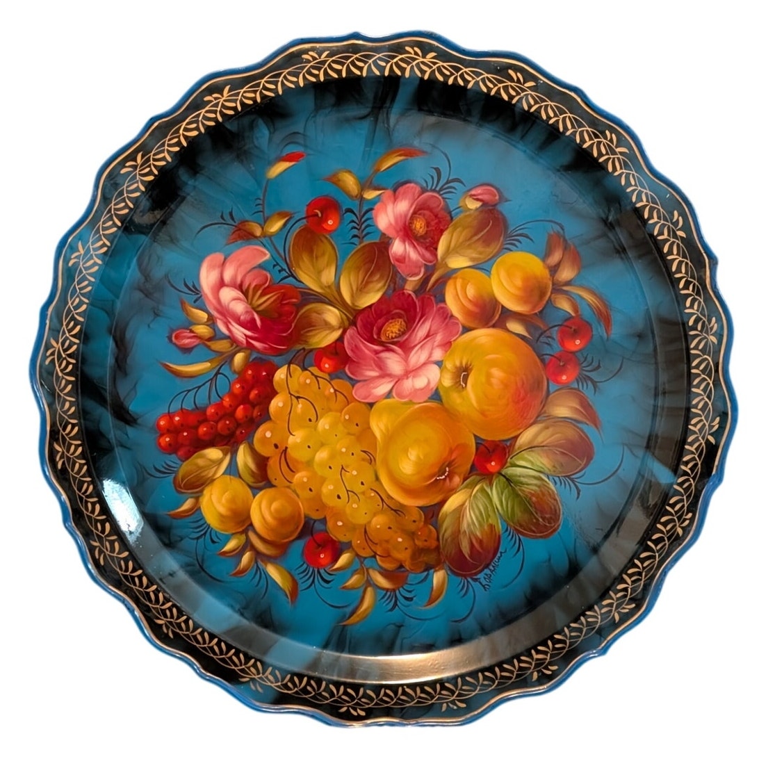 Vtg Hand Painted Zhostovo Metal Floral Signed Russian Folk Art Decorative Tray