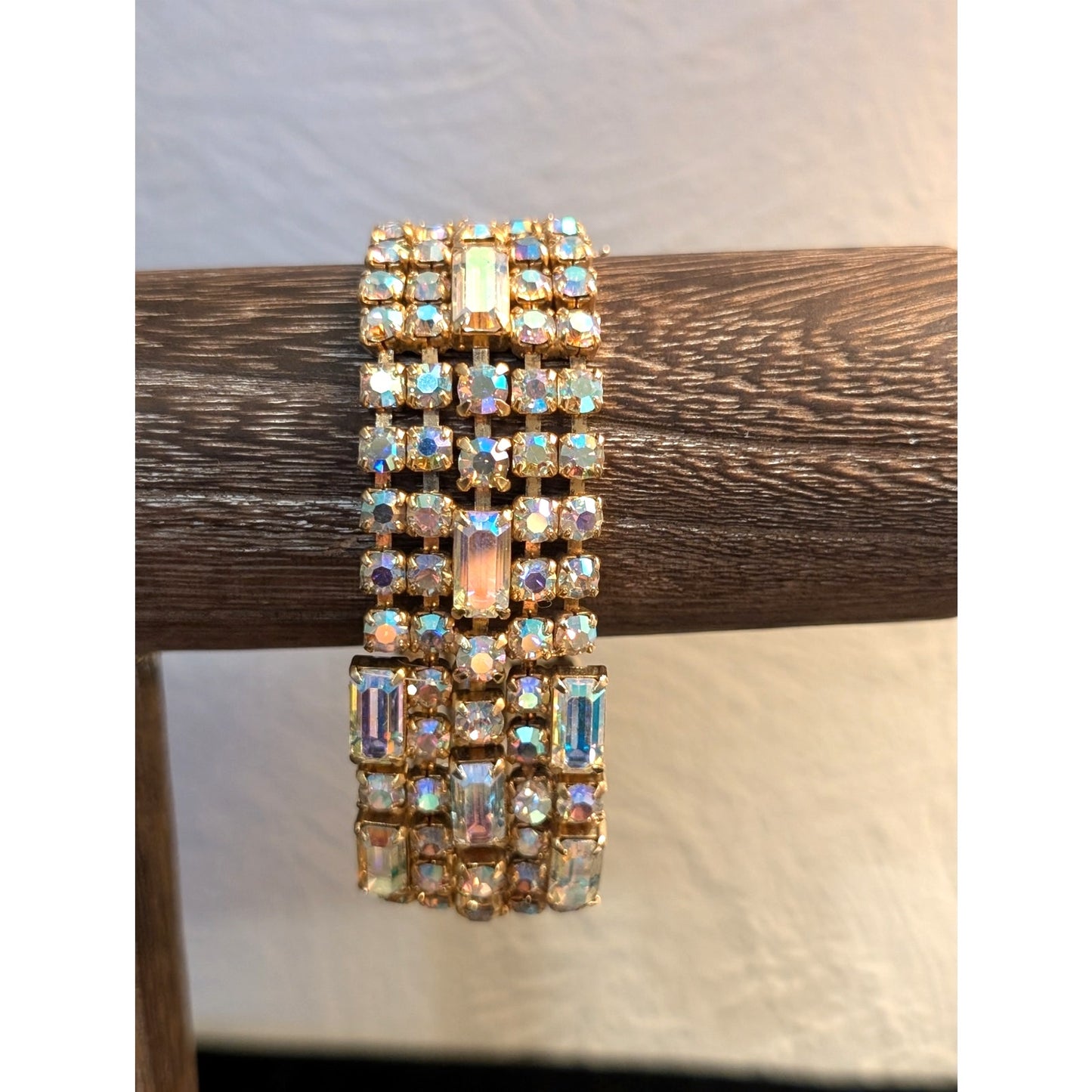 Vintage 1960s Unsigned Aurora Borealis Crystal Gold Tone Wide Bracelet W/ Safety