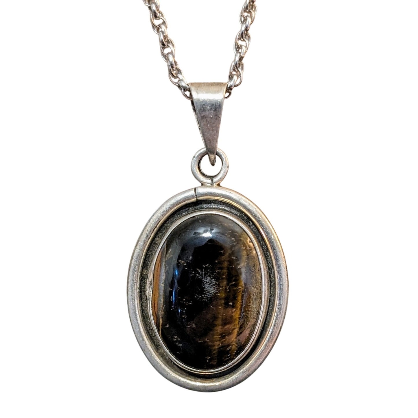Vintage Barton Allen Ballou Sterling Chain W/ Taxco Silver Bezel Set Tigers Eye