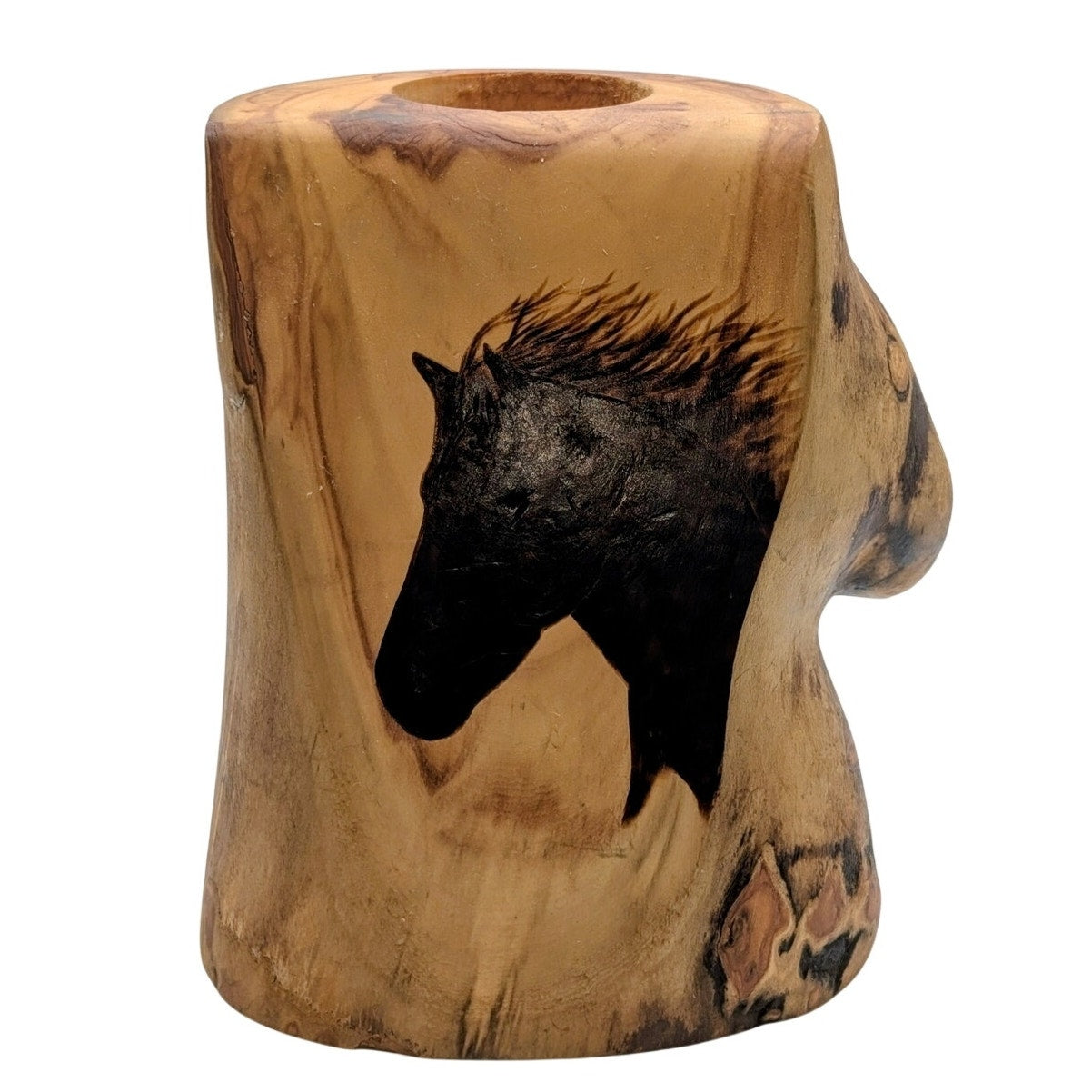 Artisan Created Wood Burned Horse Head Log Pillar Candle Holder