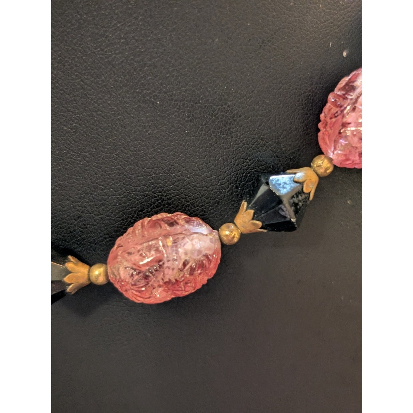 Antique Carved Strawberry Quartz Black Bi-Cone Brass Bead & Hook Clasp Necklace