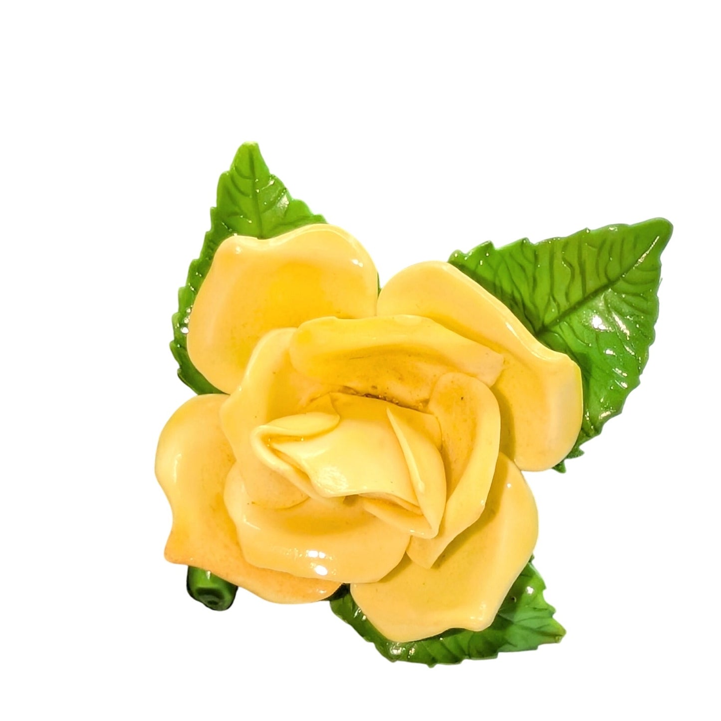 Vintage Yellow Rose Green Leaves Plastic Flower Brooch