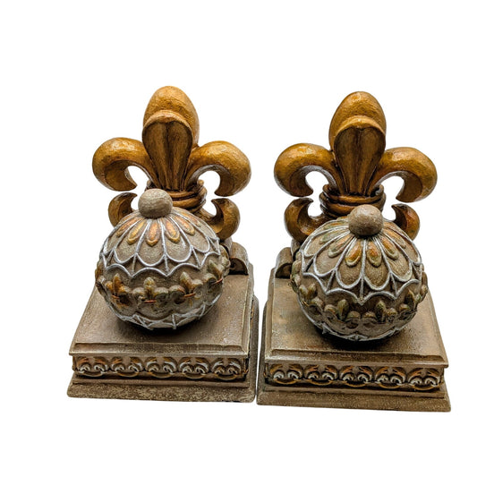 Vintage Set of Two Gilded Resin Fleur de Lis Decorative Ball Heavy Bookends