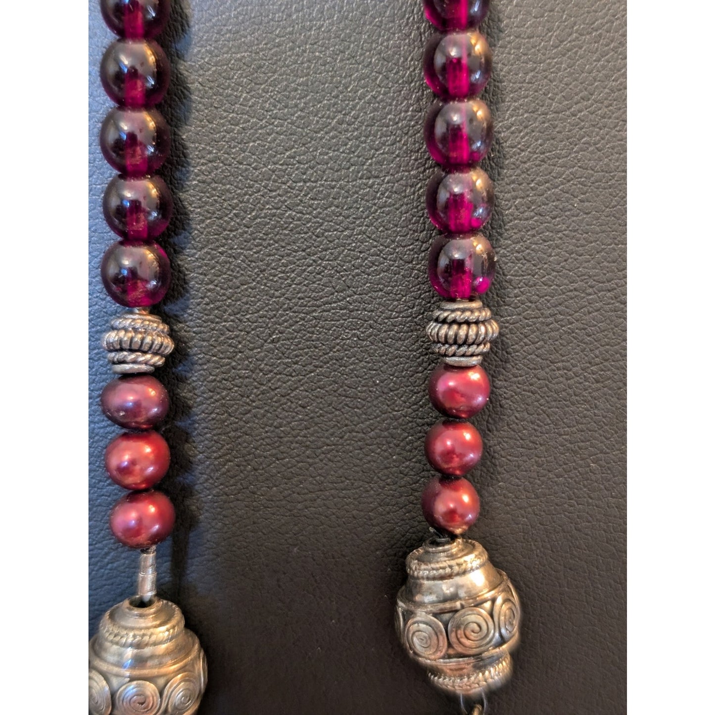 Boho Garnet Glass Bead Cranberry Pearl Sterling Leaf Tassel 63" Lariat Necklace