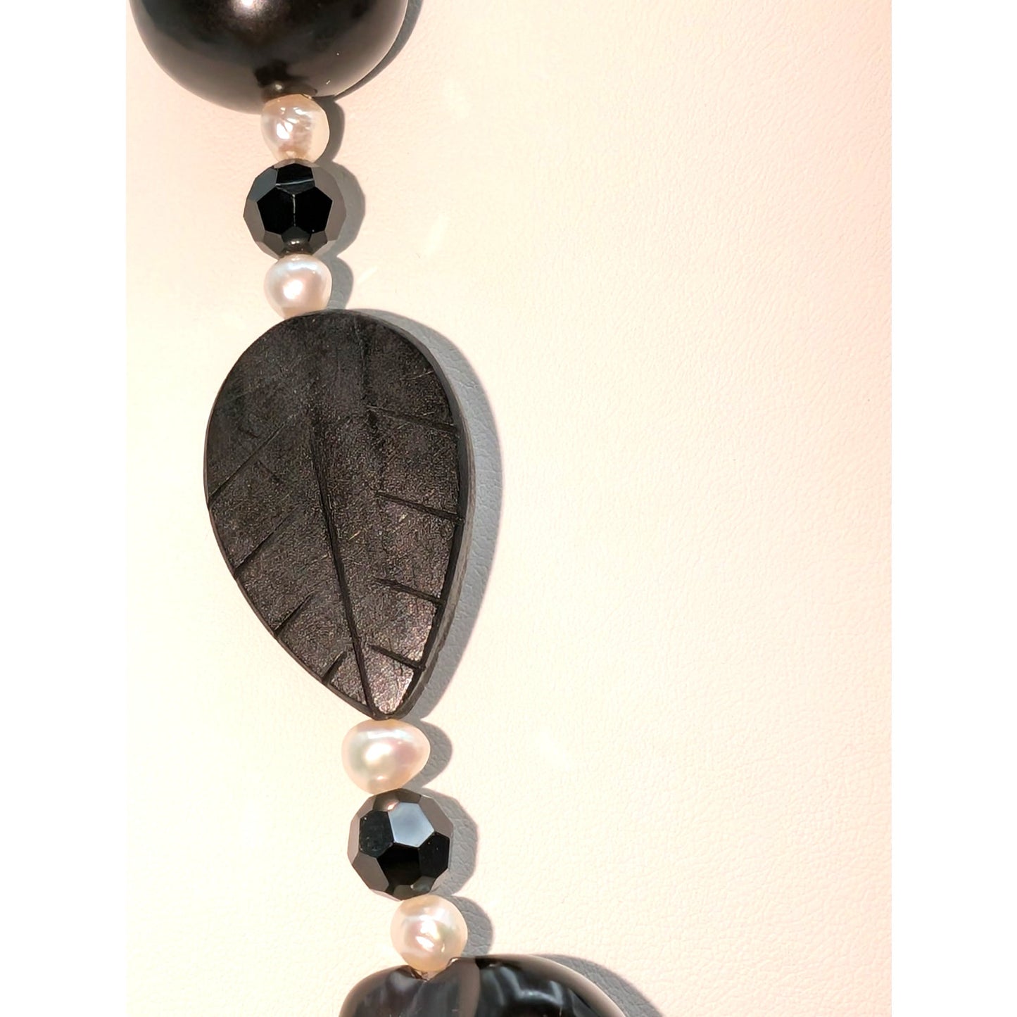 925 Sterling Pearl Black Carved Wood Leaf Tagua Nut Dangle Tassel Necklace